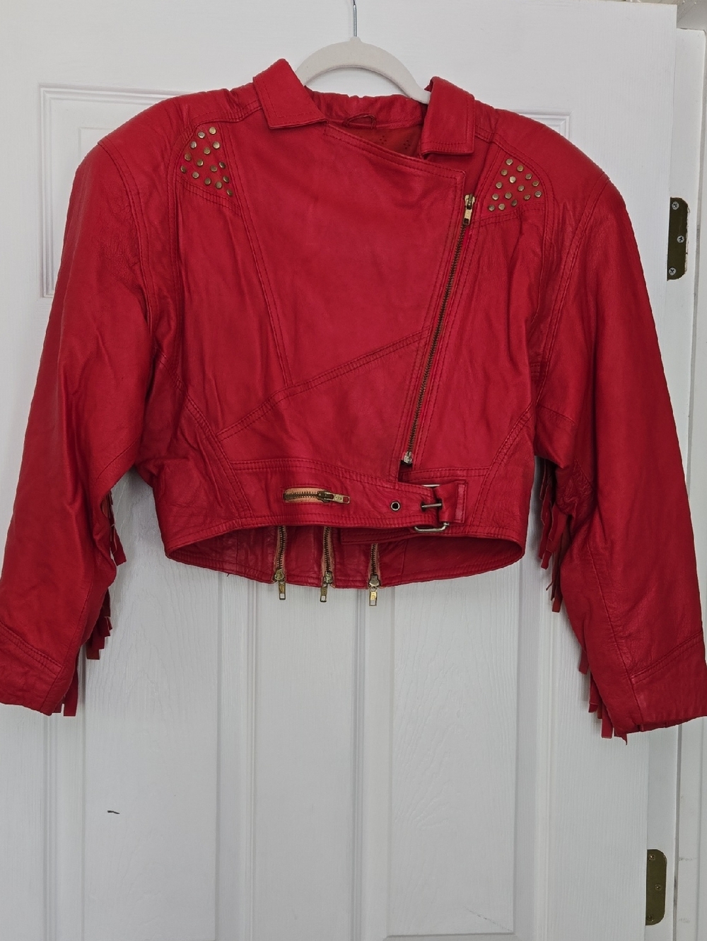 Women’s Red Cropped Leather Moto Jacket with Studs & Fringe